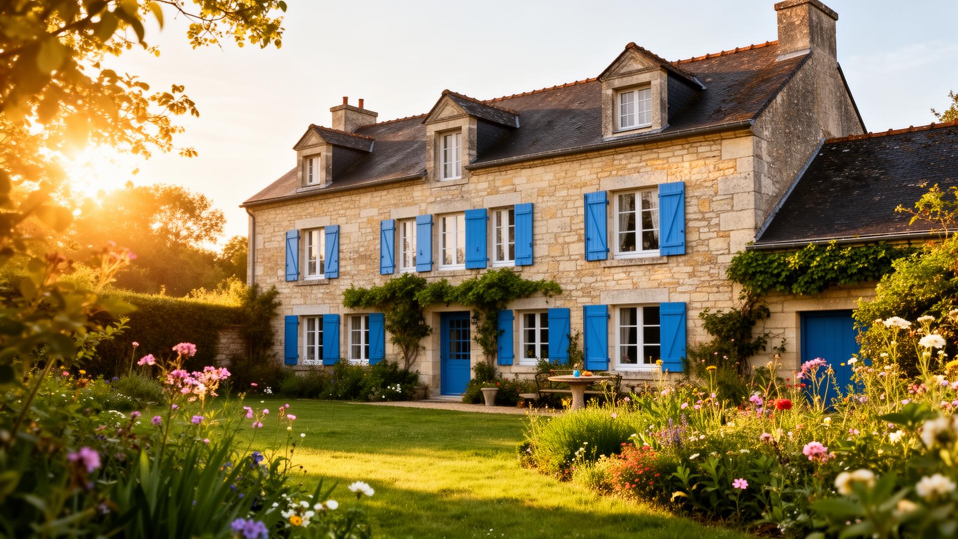 Belle maison de campagne en pierre avec volets bleus et jardin fleuri